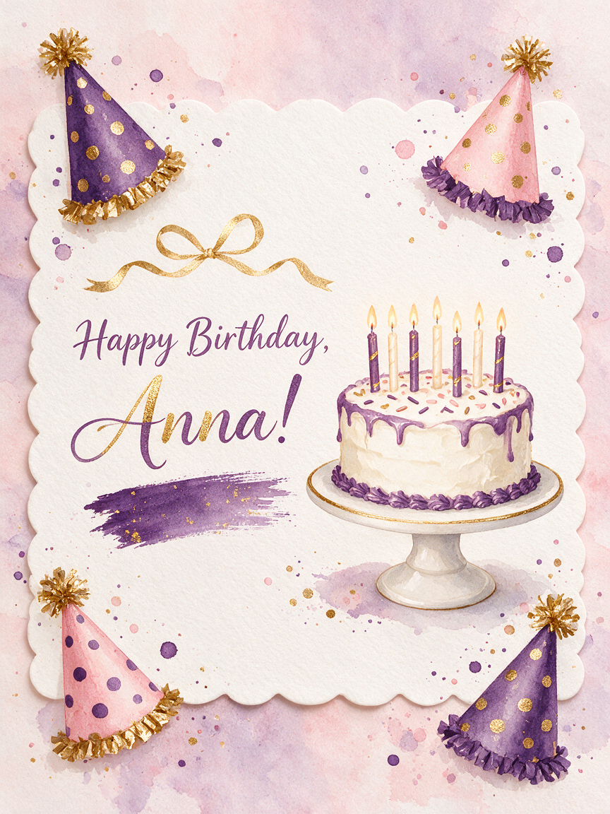 Example birthday card with a watercolor cake, candles and the text Happy Birthday, Anna!