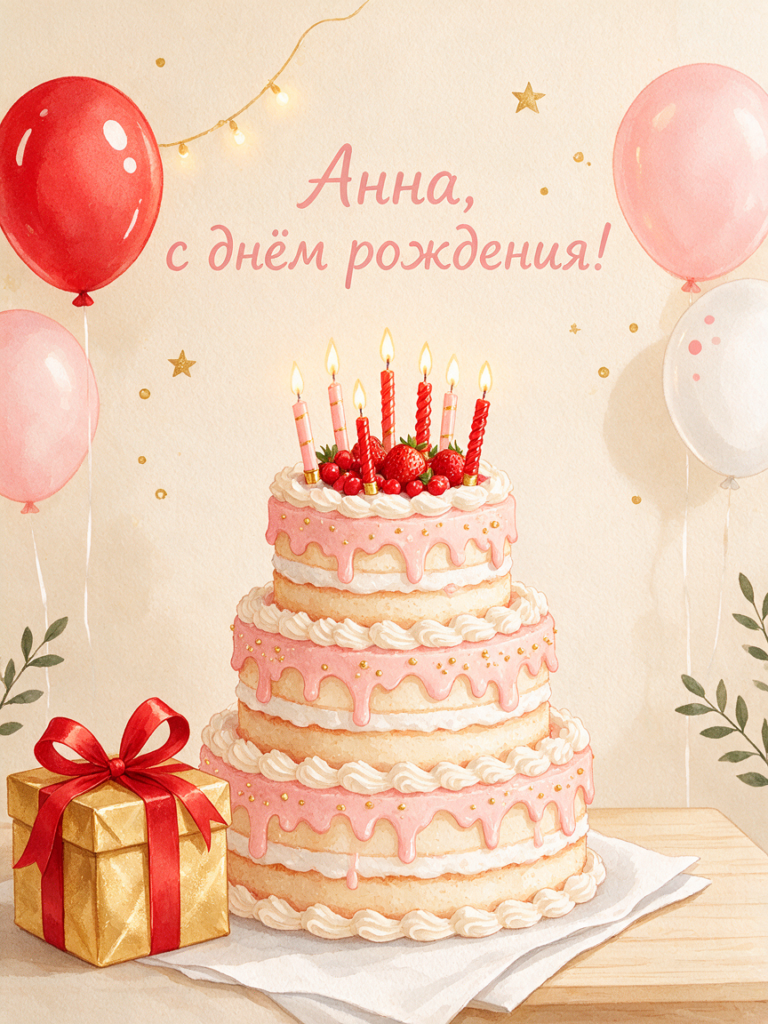 Пример открытки: акварельный торт со свечами и надпись «Анна, с днём рождения!»